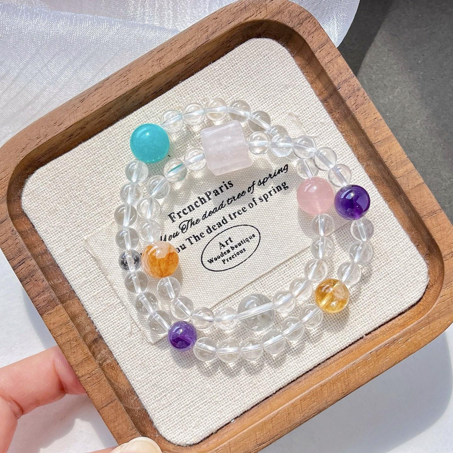 Natural High-Quality White Crystal Tianhe Stone Citrine Amethyst Multi-Circle Design Bracelet Bracelet.