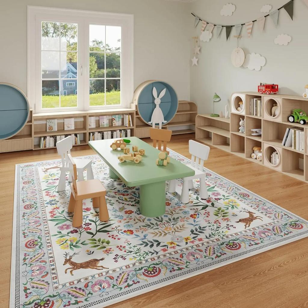 Vikama Machine Washable Area Rug Floral Office Non Slip Small Carpet For Bedroom Bedside Kitchen Entryway Kids Room Office Decor