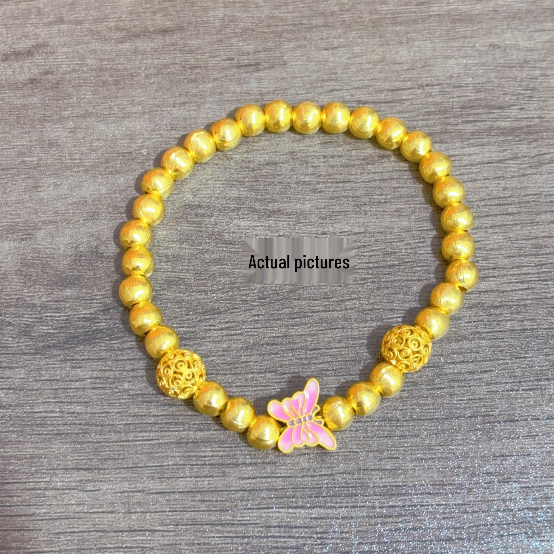 

Gold-Plated Butterfly Cat s Eye Enamel Bracelet with Ancient-Style Lucky Beads