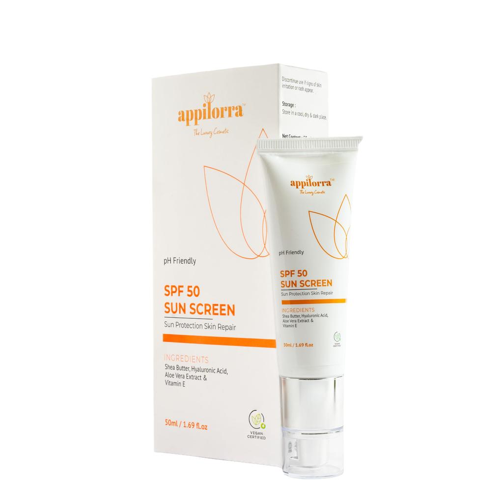 appilorra Sunscreen SPF 50 PA+++ with Shea Butter, Hyaluronic Acid, Aloe Vera & Vitamin E | UVA/UVB Protection, Non-Greasy & Water Resistant | No W