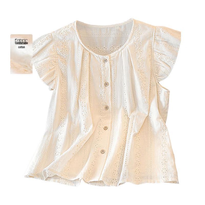Si Bai She Flutter Sleeve Hollow-Out Round Neck Blouse L