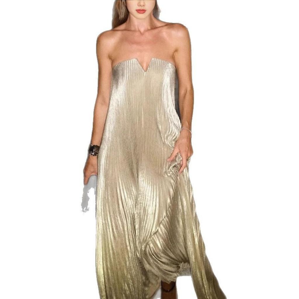 Women's Strapless Pleated Maxi Dress, Sexy Evening Party Gown for European & American, Formal Cocktail Dress