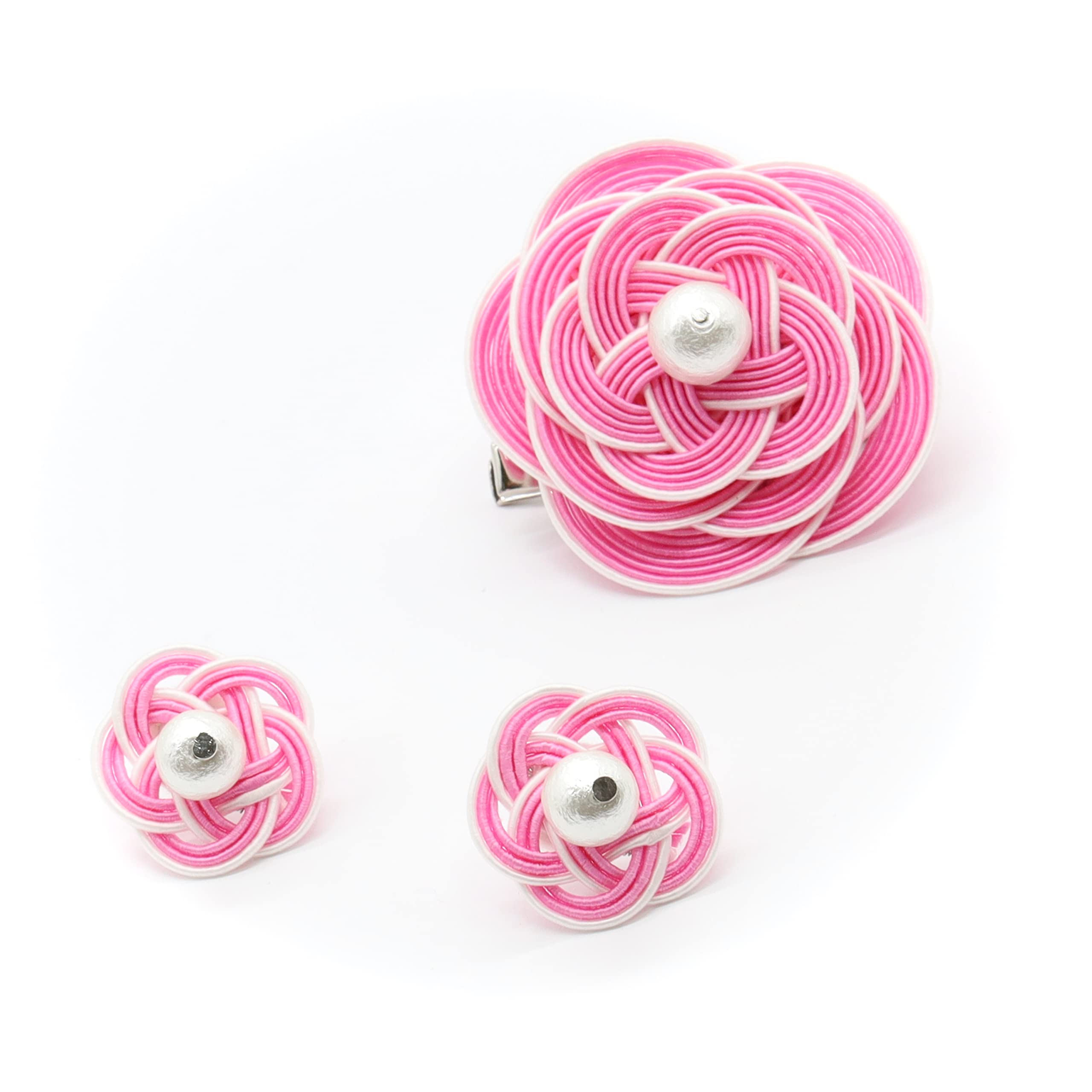 

Mizuhiki brooch and earrings set for made in perfect as a gift for ceremonial school entrance graduation cotton pearls women, Japan, occasions, рожевий