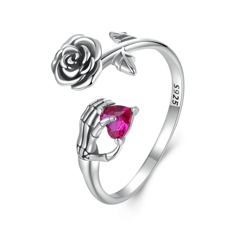 WOSTU 925 Sterling Silver Rose Skeleton Hand Open Ring For Women Punk Gift Wing Heart Adjustable Rings Party Jewelry Hip Hop