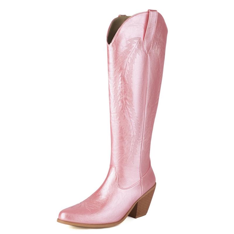 

Модные ковбойские сапоги в стиле вестерн, модные розовые и черные женские сапоги до колена, зимние туфли, высокие женские туфли на танкетке, большой размер 45 43 розовый