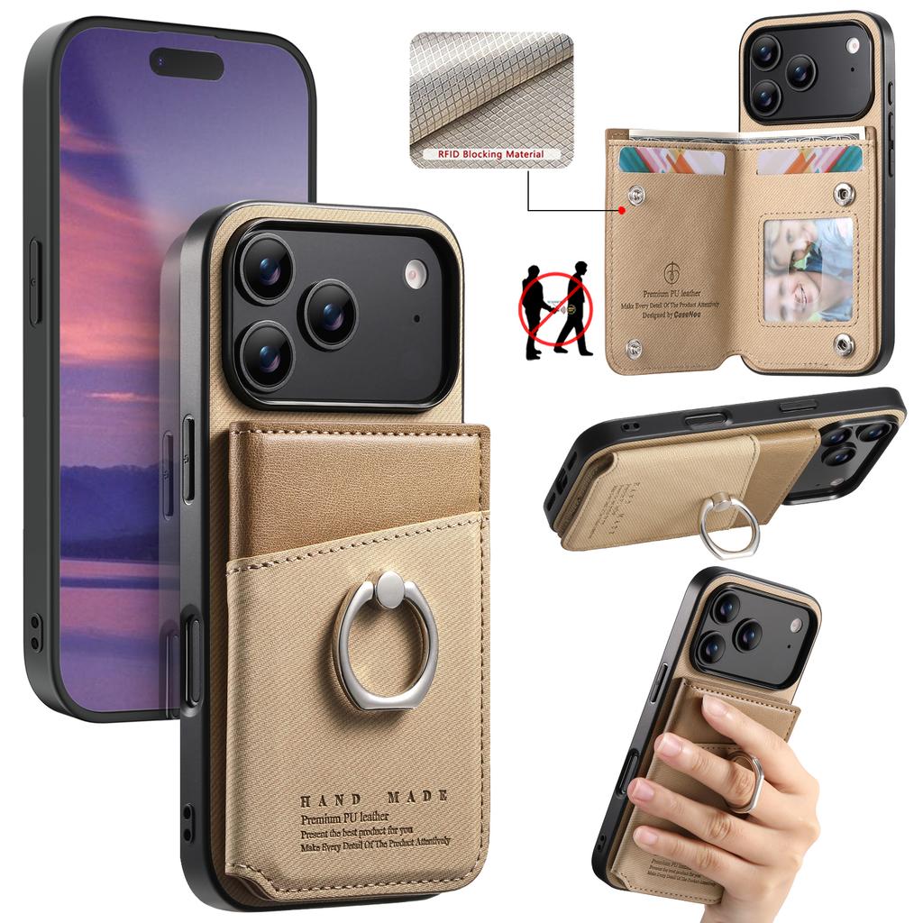 For iPhone 17 Pro Case with Card Holder Kickstand Leather + TPU + PC Phone Cover