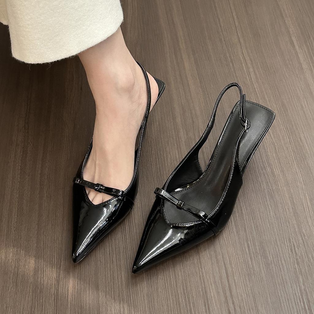 Black patent leather pointed high heels women's bag head sandals women's spring and summer bow thin heel empty shoes