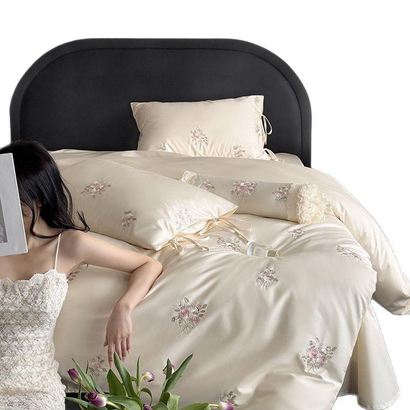100S long-staple cotton satin bed four-piece set, cotton French girl heart embroidery pure cotton bed sheet quilt set three-piece set