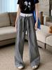 Women Plaid Wide Leg Pants High Waist Drawstring Straight Trousers Summer Draped Floor-Length Casual Pants