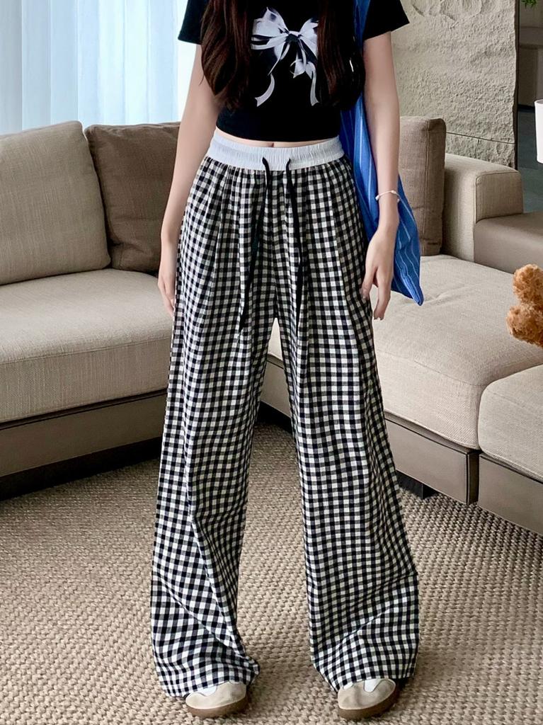 Women Plaid Wide Leg Pants High Waist Drawstring Straight Trousers Summer Draped Floor-Length Casual Pants