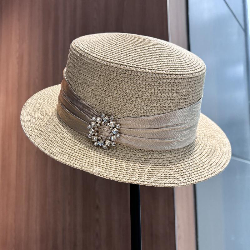 French Rhinestone Satin Webbing Straw Hat Female Elegant Light Luxury Retro Adjustable Sun Hat Travel Versatile Sun Protection Hat