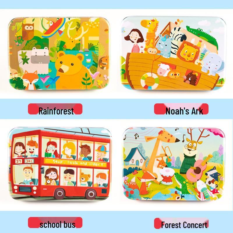 120-teiliges Holz-Cartoon-Puzzle in Blechdose für Kinder von 0-6 Jahren