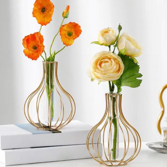 Decorative Glass Vase with Metal Wire Stand Clear Test Tube Vase with Iron Art Frame for Hydroponic Plant Modern Flower