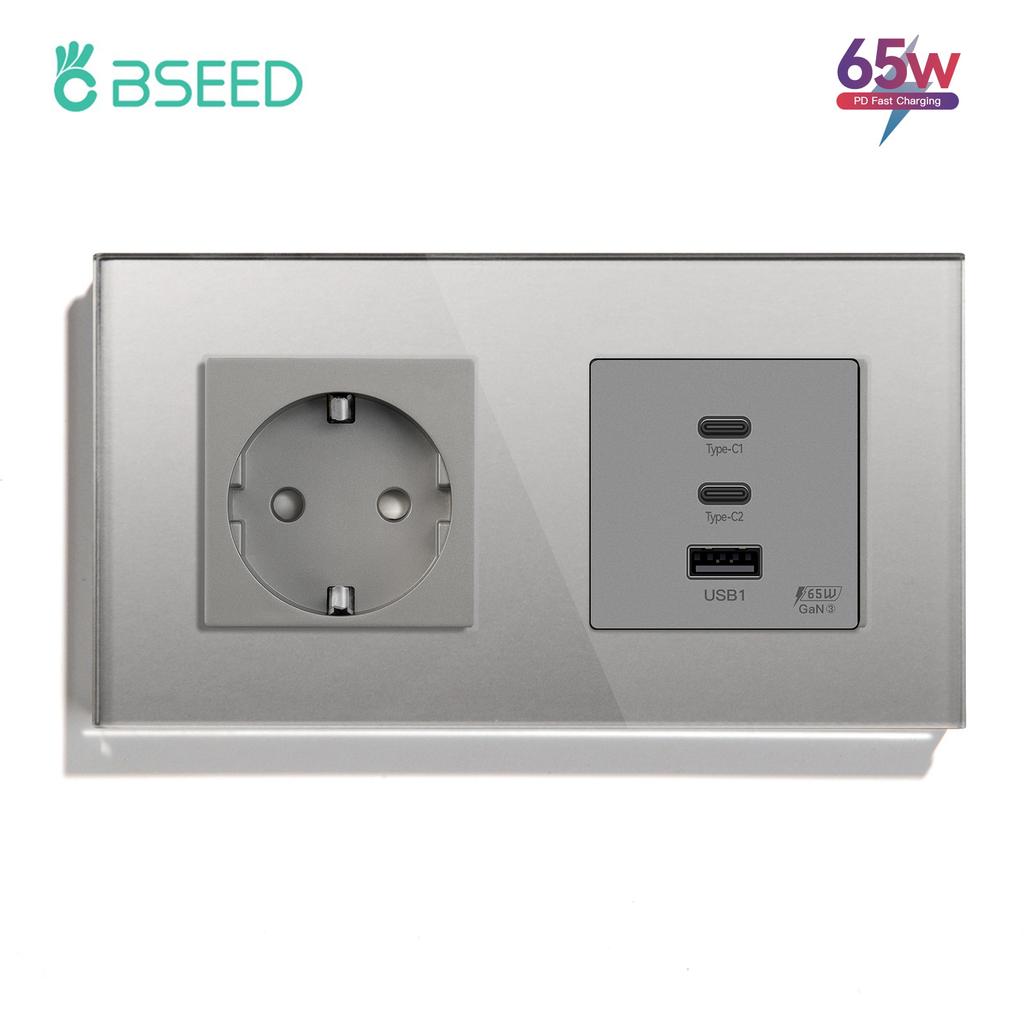 BSEED Power Sockets Electric Outlets Plus Dual Type-c USB Fast Charging Ports 65W 3A Glass Frame EU Standard Wall Embedded