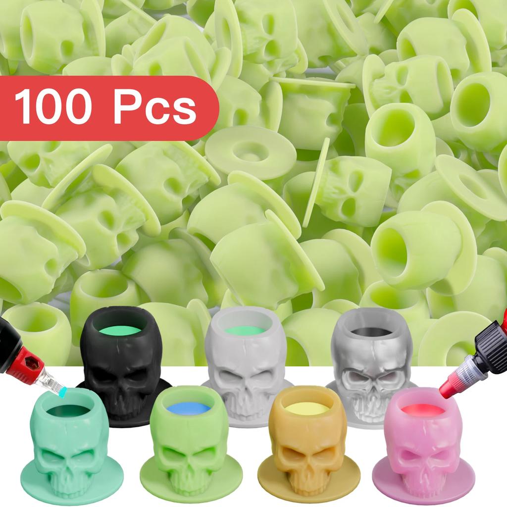 100PCS Tattoo Ink Cup Skull Disposable Silicone Tape Base Plastic Permanent Makeup Tattoo Pigment Cup Tattoo Accessories