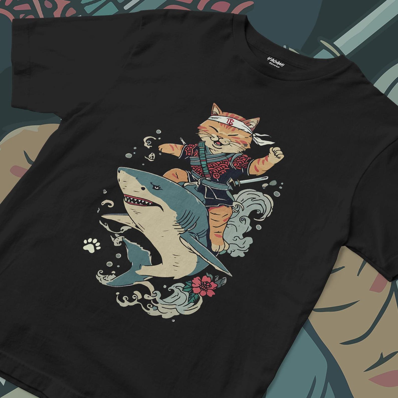 Ninja Cat Riding Shark T-Shirt | Japanese Ukiyo-e Art Tee S