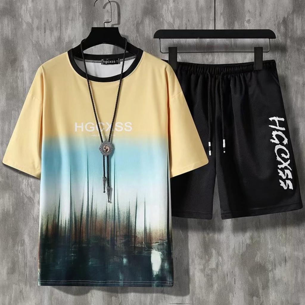 2 casual 3D printed short sleeved T-shirts and shorts set for boys, comfortable summer children's clothing