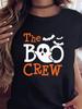 Boo Crew Halloween TShirt Womens Casual Crew Neck Short Sleeve Cotton Top Black with Orange and White Pattern Design Streetwear