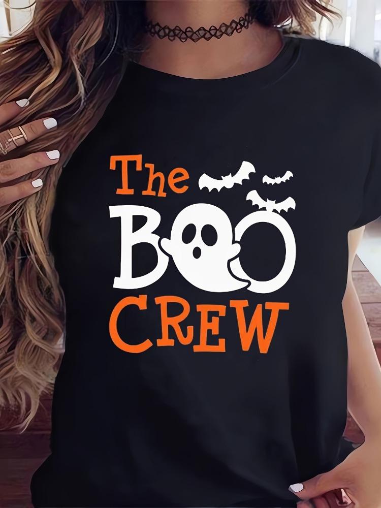 Boo Crew Halloween TShirt Womens Casual Crew Neck Short Sleeve Cotton Top Black with Orange and White Pattern Design Streetwear