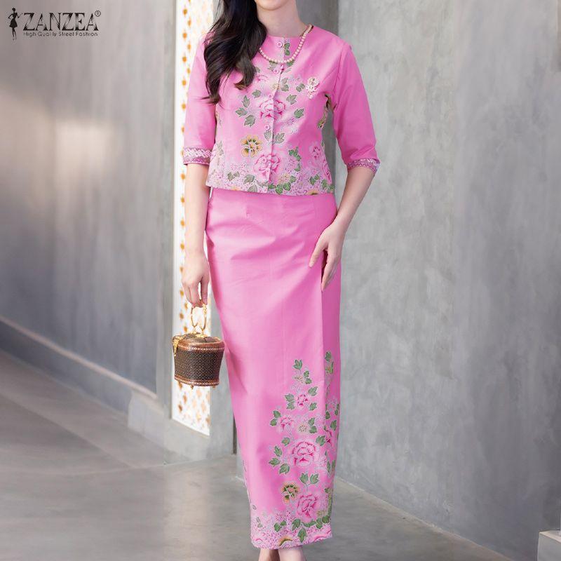 ZANZEA Women Half Sleeve Blouse and Midi Skirts Floral Print Two Piece Suit Sets