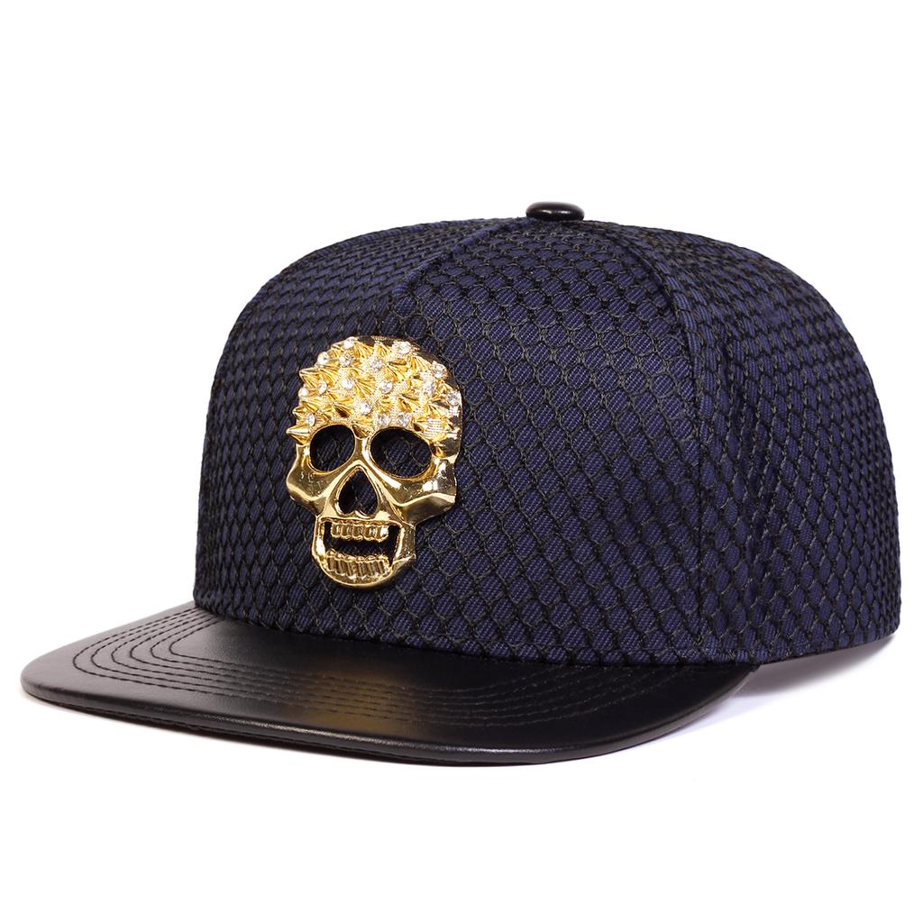 Unisex Metal Skull Decoration Adjustable Flat Top Baseball Hat Mesh Snapback Caps Spring Summer Outdoor Leisure Hats Travel Accessories for Women Men