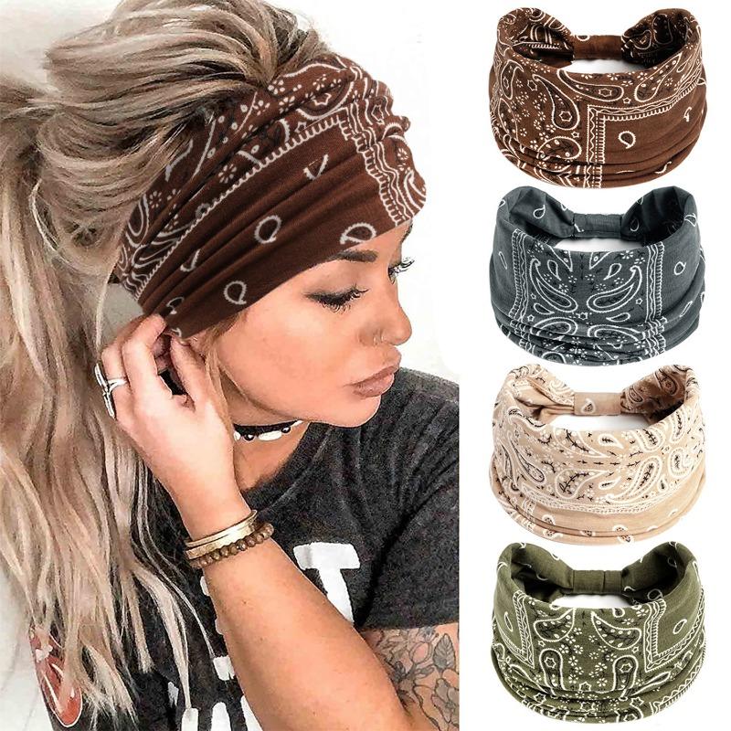 Cashew Flower Hairband Paisley Pattern Wide Headband Sports Yoga Sweat-absorbing Elastic Cotton Headscarf Headwear for Women