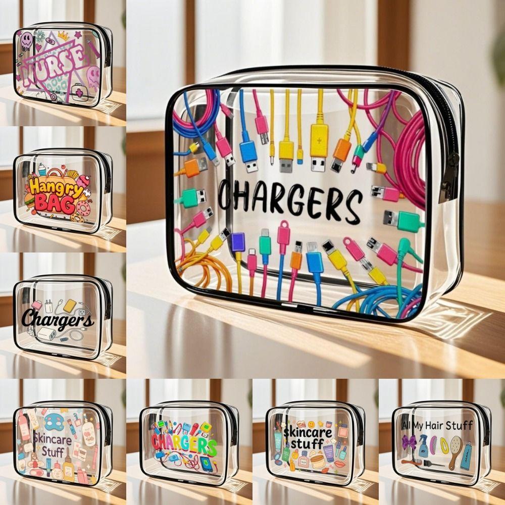 Portable Transparent Toiletry Handbag Waterproof Single-Sided Print USB Storage Bag PVC Zipper Essentials Organizer Travel Use