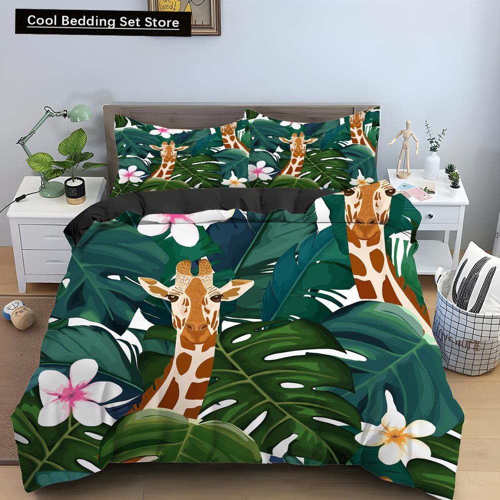 Cartoon Giraffe King Queen Duvet Cover Kids Girls Boys Animal Bedding Set Wildlife Quilt Cover 2/3pcs Polyester Comforter Cover