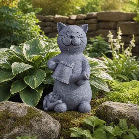 Solar Cat Statue Holding Lantern Waterproof Resin Light Garden Kitty Sculpture Outdoor Kitten