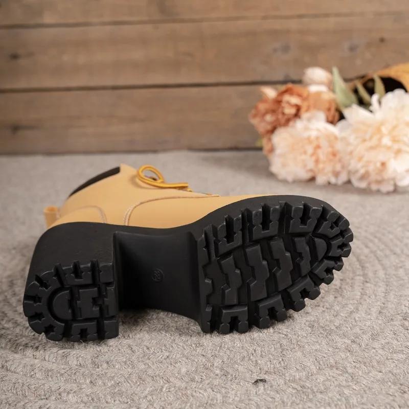 Autumn Winter Women's Retro Round Toe Chunky Heels Ankle Boots High Heels Shoes Woman Lace Up Platform Short Booties
