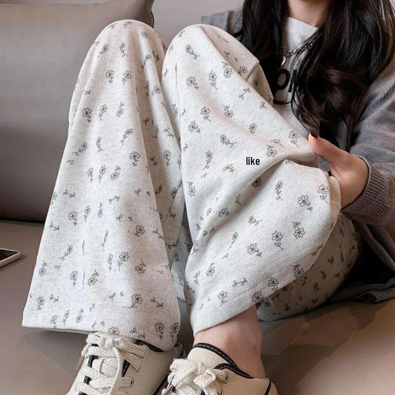 145cm Women's White Floral Casual Summer Sweatpants - Loose, Straight-Leg, Petite, Wide-Leg Pants