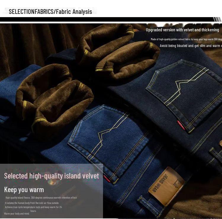 Men's Plush Thick Straight Jeans: Warm, Loose-Fit, Cold-Proof Outdoor Pants for Fall and Winter
