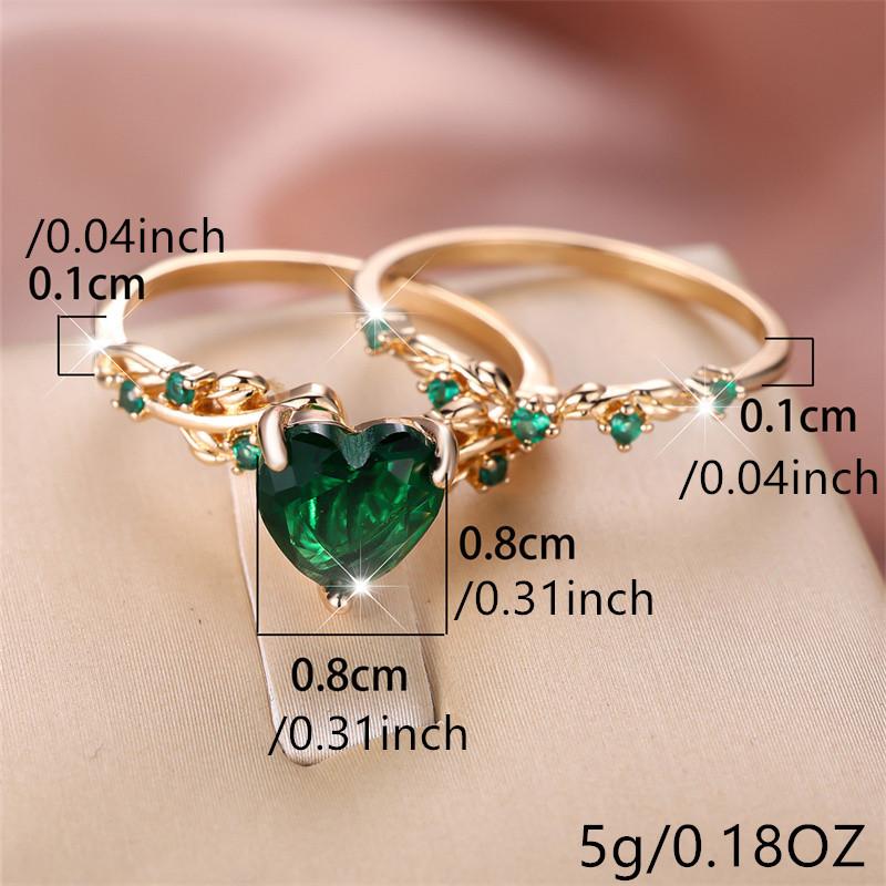 2 Pcs/set Heart Cut Red Stone Ring Set Golden Color Wedding Band Jewelry Set Valentine's Day and Mother's Day Gifts