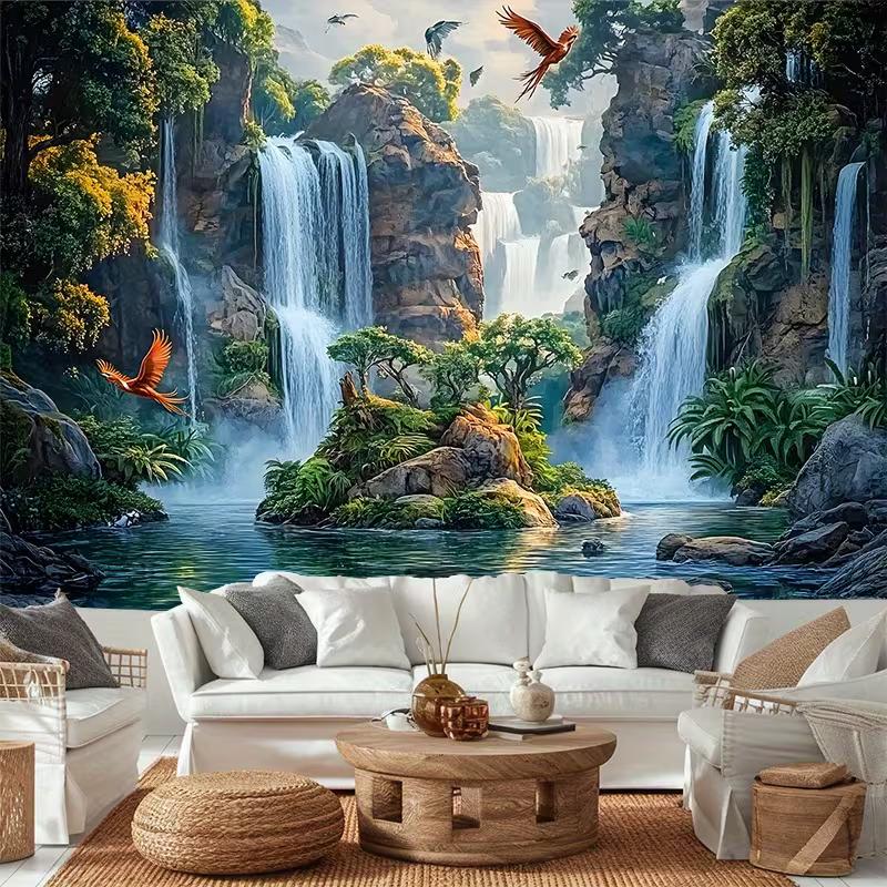 2D Rainforest Waterfall Backdrop, Tropical Nature Tapestry for Home