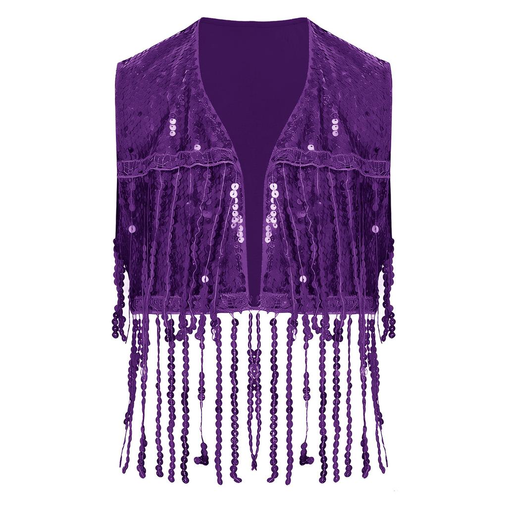 Girls Shiny Sequin Tassel Vest Sleeveless Open Front Fringed Crop Top Waistcoat for Jazz Dance