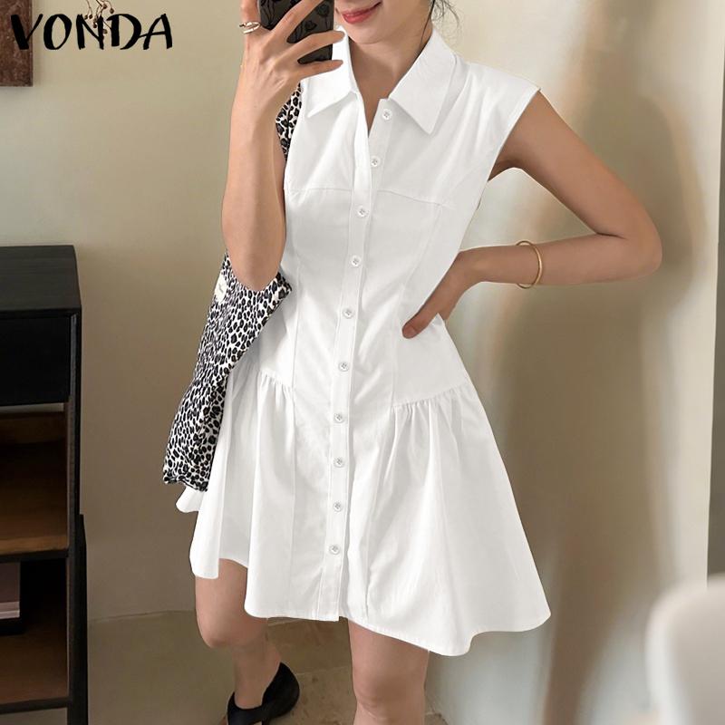 VONDA Summer Women Lapel Neck Sleeveless Buttons Up Ruffled Casual Tank Dress