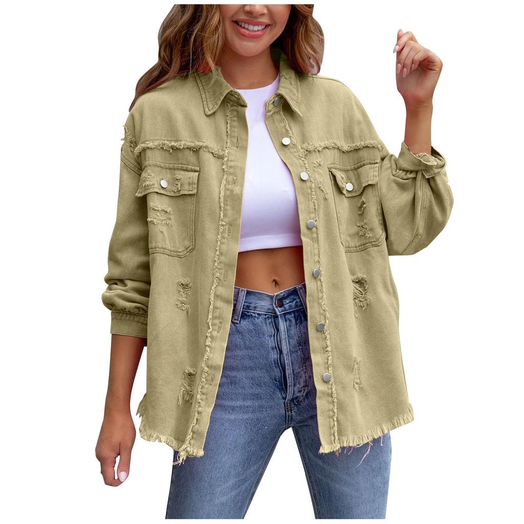 Womens Denim Jacket Button Down Shirts Distressed Frayed Coat With Pockets