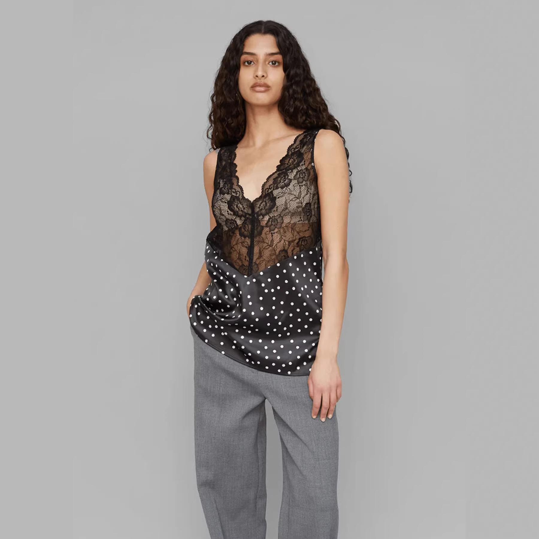 American Vintage Lace Bottom Shirt Women s Summer Perspective Splicing Polka Dot Satin Suspender Sexy Spice Sleeveless Top XS чёрный