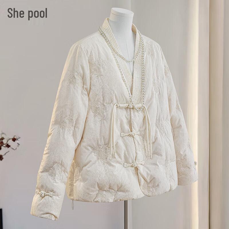 

Женская пуховая куртка на пуговицах с вышивкой и V-образным вырезом S