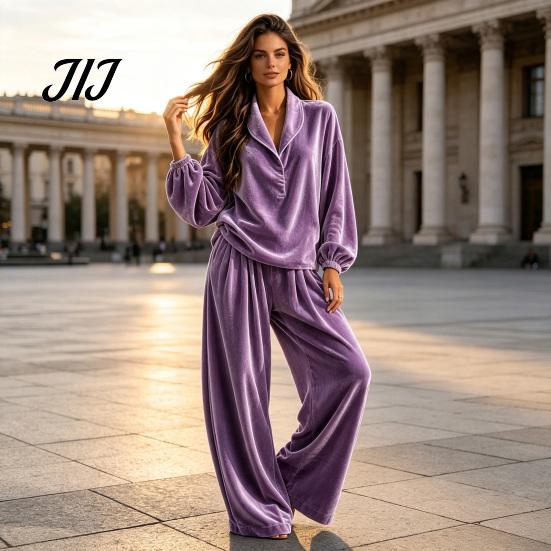 Autumn Winter Home Wear Women Velvet Top Pants Set for Fall Winter, Casual Lapel Collar Lounging Apparel & Wide Leg Trousers with Pockets, Loose