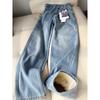 Fleece straight jeans for women, autumn and winter light blue loose and thin versatile thickened wide-leg pants