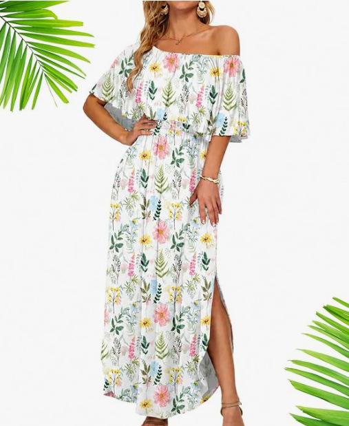 European and American summer new printed one-word shoulder short-sleeved long dress