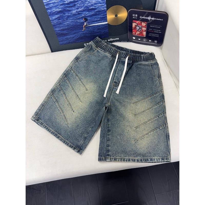Washed pleated denim shorts men's summer wear shark gills drawstring five-point pants cleanfit casual pants