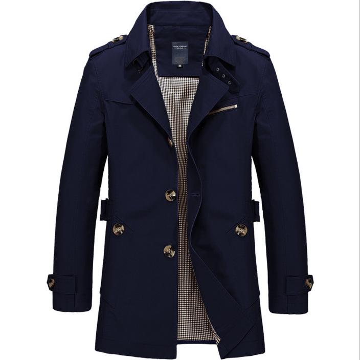 Men's Washed Cotton Fleece-Lined Mid-Length Trench Coat - Casual Autumn/Winter Outerwear