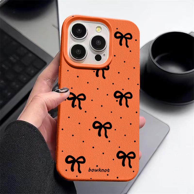 Czarne kropki, kokarda, nadruk, miękkie matowe etui na iPhone 16 Pro Max 15 Pro 14 13 12 11, TPU, tekstura skóry, odporne na wstrząsy, smukłe etui na telefon