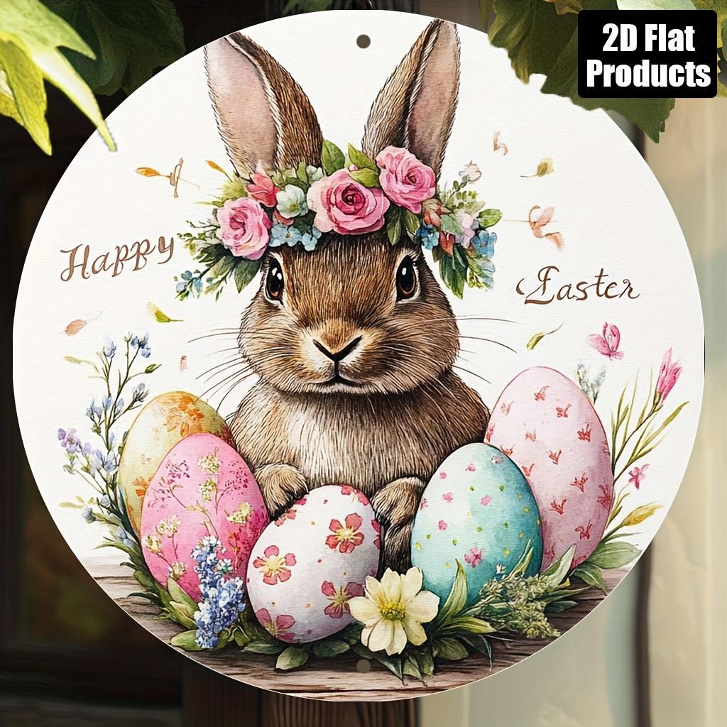Watercolor Happy Easter Bunny with Floral Crown and Eggs Round Metal Sign D Flat Printed Spring Pastel Art Tin Plaque Cute