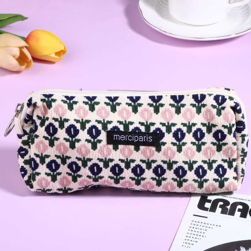 Vintage Corduroy Federmäppchen Retro Blumenmuster Federtasche Große Kapazität Schreibwaren Tasche Für Schüler Büro Make-up Aufbewahrung