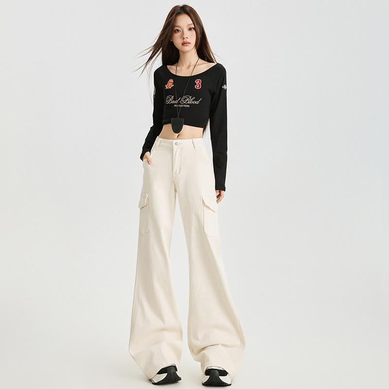 Khaki denim flared pants women's winter new thin design tooling pocket floor pants