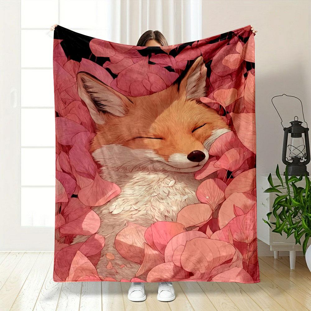 A Relaxed Fox Surrounded by Soft Pink Petals Filling the Background. for All Seasons Blanket Lunch Break Throw Gift