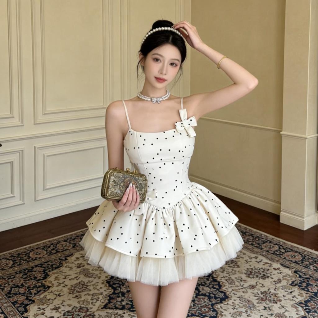 Korean Temperament Daughter Style Slim Polka Dot Dress New Sexy Pure Desire Style Bow Show Thin Short Skirt Women